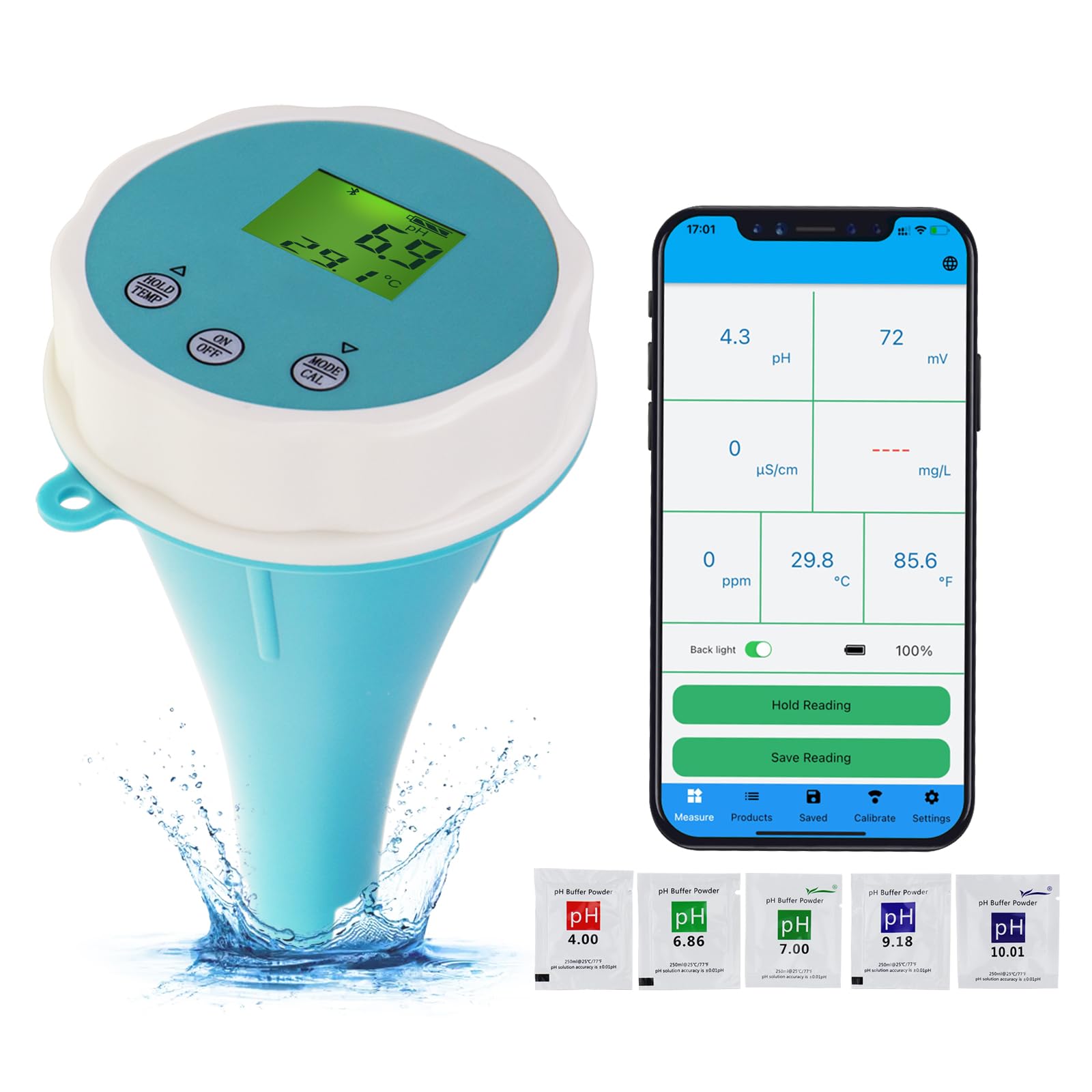 6 w 1 Bluetooth tester wody w basenie EC/zasolenie/pH/ORP/temperatura/chlor, bezprzewodowy, pływający, inteligentny tester wody do basenów i spa