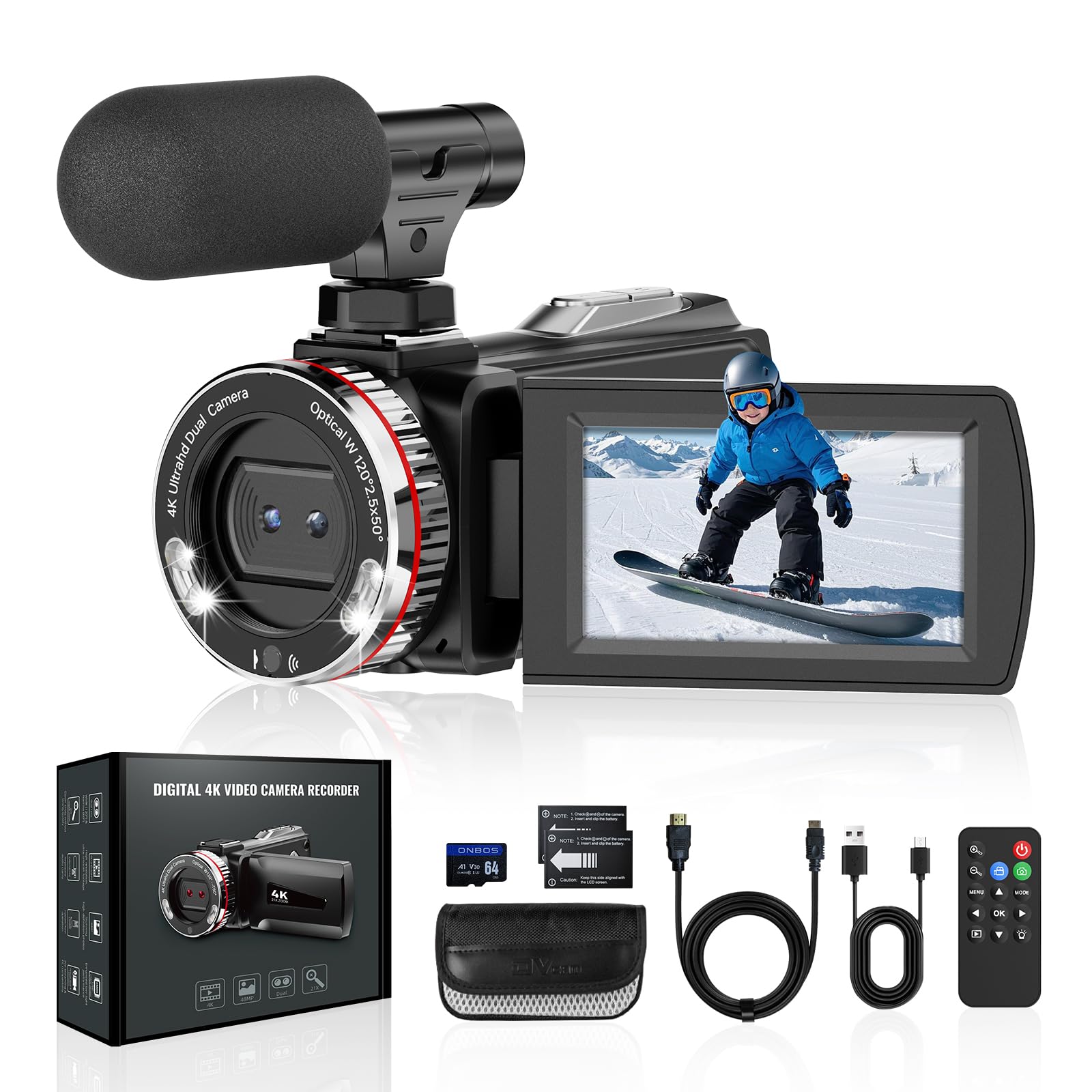 Kamera wideo 4K 48 MP, 3,0" IPS Schermo kamera wideo, cyfrowa, 21 x zoom, cyfrowa kamera do vlogowania za pośrednictwem YouTube, Video Camera Con HDMI/mikrofon/2 baterie/Scheda SD da 64 GB