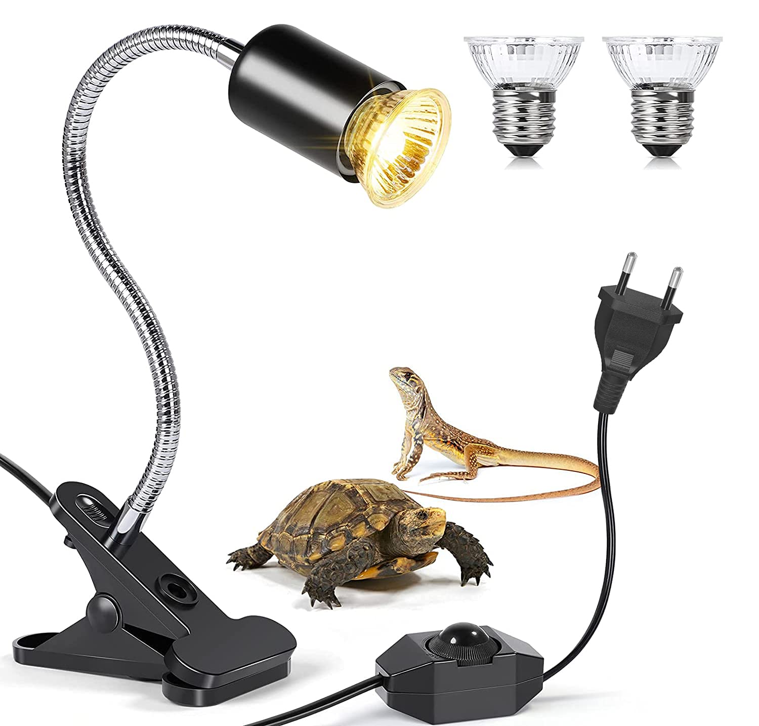 Zestaw lamp MILIWAN dla żółwi: zawiera 2 lampy grzewcze dla gadów oraz 1 oprawkę E27; lampy grzewcze o mocy 75 W emitujące ciepłe, białe światło UVA/UVB