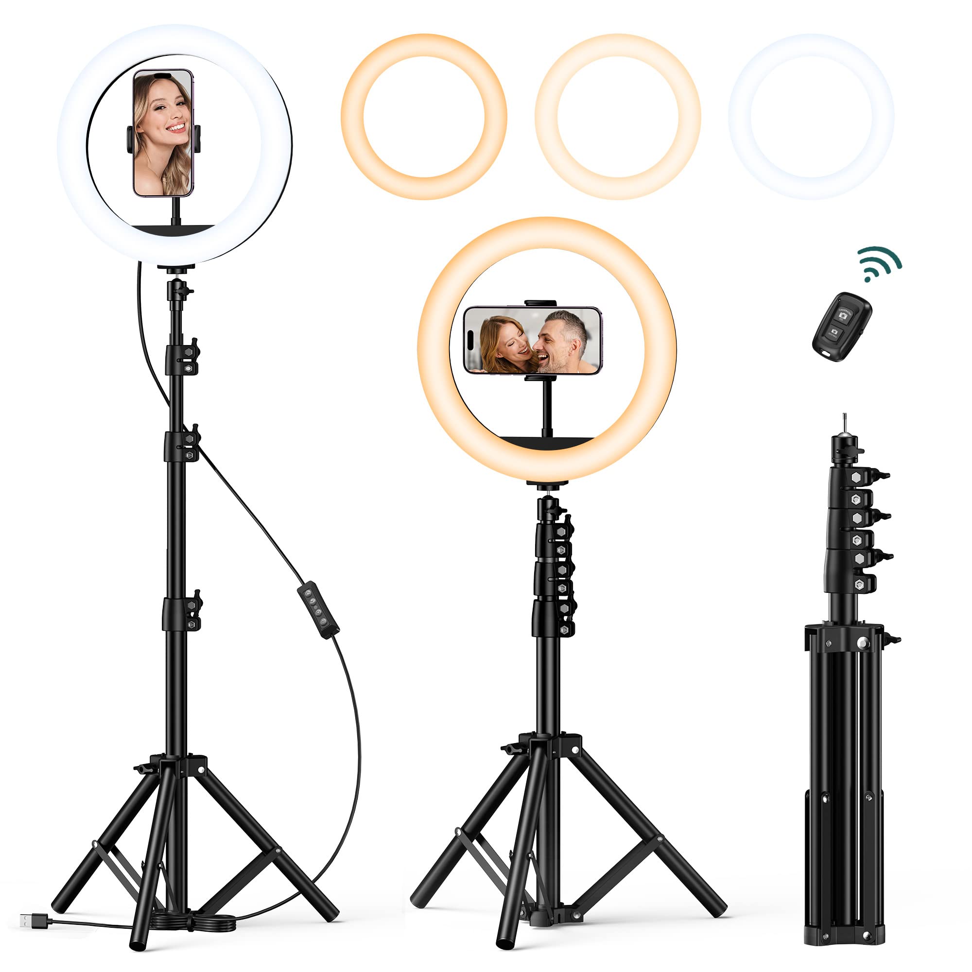 ATUMTEK Lampa pierścieniowa do selfie 25 cm z wysuwanym statywem 140 cm, lampa do selfie z uchwytem na telefon i pilotem Bluetooth, ściemniana lampa pierścieniowa LED